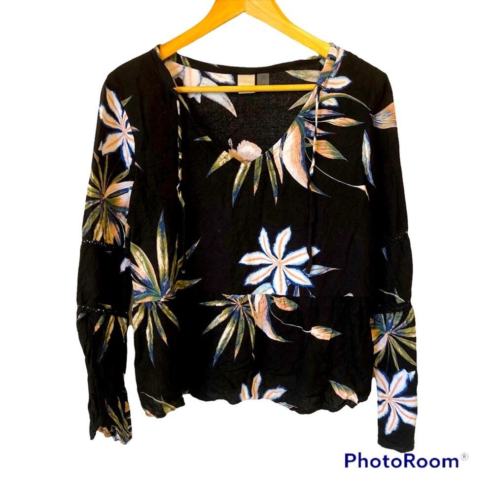 Roxy Floral Top Women’s Small Tropical Black Ruffle Hawaiian Surfer Summer